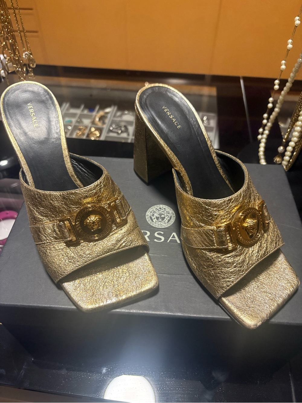 Versace Gold Metallic Medusa Buckle High Heel Mules